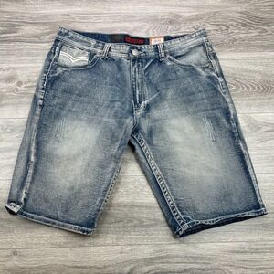GS-115 Shorts Mens 40 Blue Baggy Denim Distressed Embroidered Flap Pockets Y2K